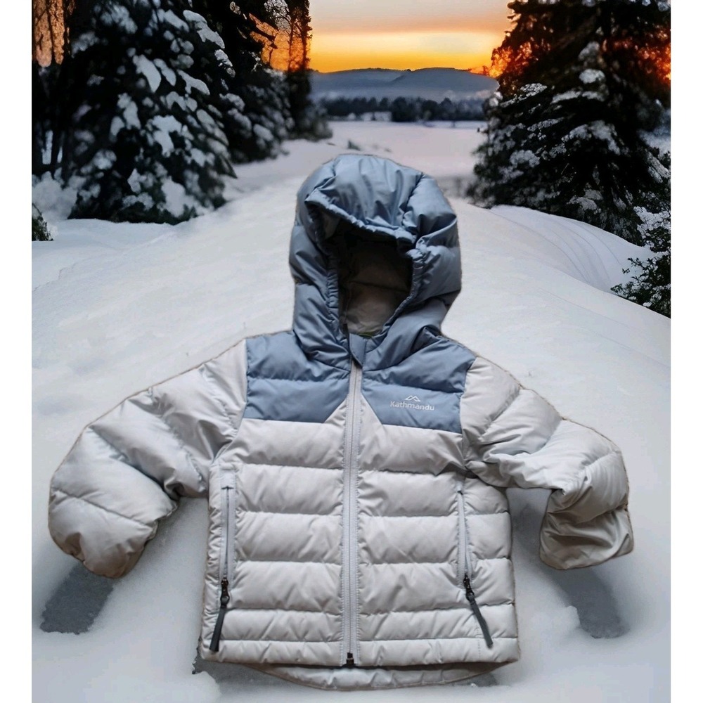 Kathmandu Puffer Jacket Kids Size 2T Blue Grey Excellent 600 Fill Down Hooded‎